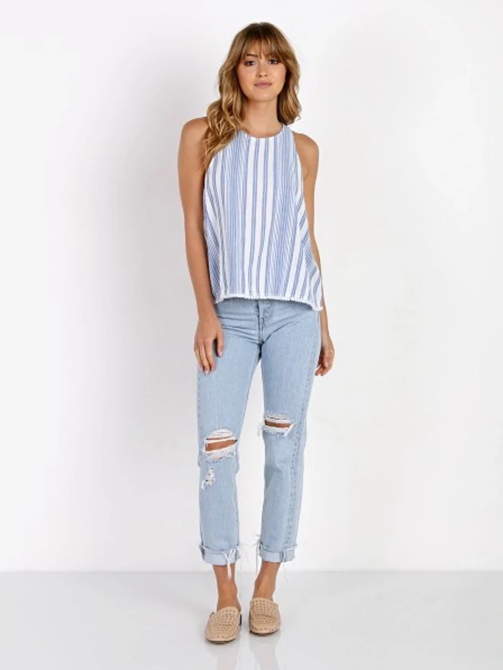 BELLA DAHL BLUE WHITE STRIPE SAND PEOPLE COASTAL LINEN FRINGE BOHO TOP SZ L NWT - Picture 3 of 7